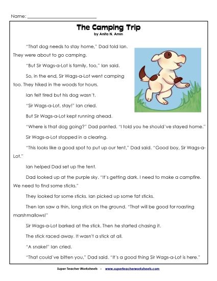 Ian and Sir Wags-a-Lot Stories (Fiction) - The Camping Trip (Printable PDF Worksheet)