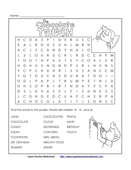 Whole Book - The Chocolate Touch Wordsearch  (Printable PDF Worksheet)