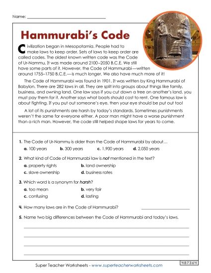 History - The Code of Hammurabi (Printable PDF Worksheet)