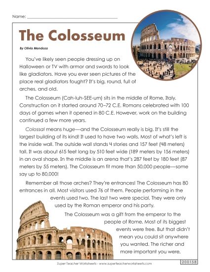 Nonfiction Articles - The Colosseum (Printable PDF Worksheet)