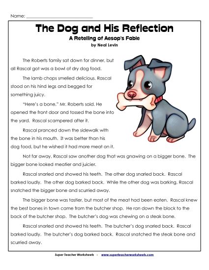 Fiction Stories - The Dog and His Reflection (Fiction)  (Printable PDF Worksheet)
