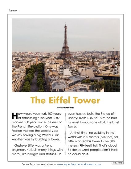 Reading Comprehension - The Eiffel Tower Article with Questions (Printable PDF Worksheet)