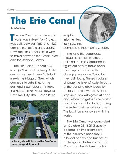 Nonfiction Articles - The Erie Canal Article (Printable PDF Worksheet)
