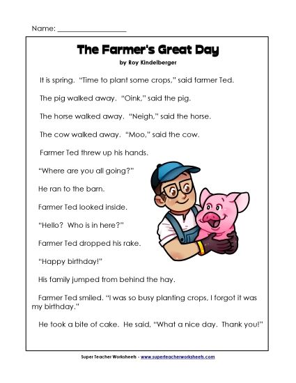 Reading Comp (Fiction) - The Farmer's Great Day (Printable PDF Worksheet)