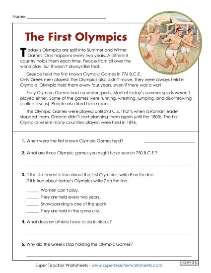Reading Comprehension - The First Olympics (Short Article)  (Printable PDF Worksheet)