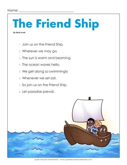 Poems - The Friend Ship (Poetry) (Printable PDF Worksheet)