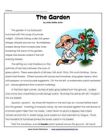 Reading Comprehension - The Garden Reading Passage (Printable PDF Worksheet)