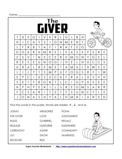 Whole Book - The Giver Word Search (Printable PDF Worksheet)