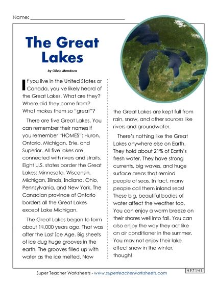 Reading Comprehension - The Great Lakes (Nonfiction) (Printable PDF Worksheet)