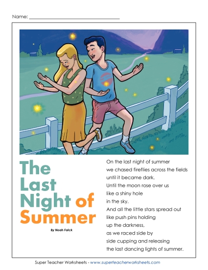 5th Grade Poems - The Last Night of Summer (Printable PDF Worksheet)