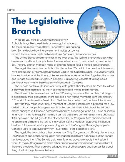Reading Comprehension - The Legislative Branch (Printable PDF Worksheet)