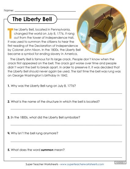 Reading Comprehension - The Liberty Bell Article (Printable PDF Worksheet)