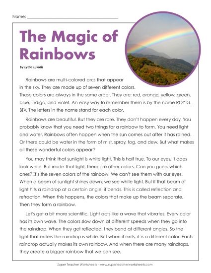 Nonfiction Articles - The Magic of Rainbows  (Printable PDF Worksheet)