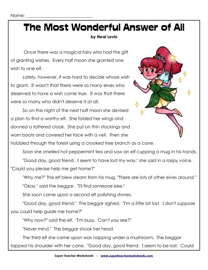 Fiction Stories - The Most Wonderful Answer of All  (Printable PDF Worksheet)