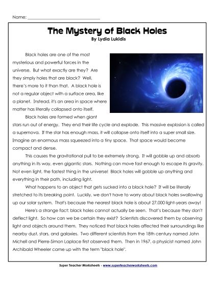 Nonfiction Science Articles - The Mystery of Black Holes  (Printable PDF Worksheet)