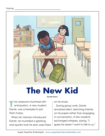 Reading Comprehension Passages - The New Kid (Social Intelligence) (Printable PDF Worksheet)