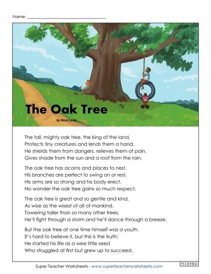 Poems - The Oak Tree (Poem) (Printable PDF Worksheet)