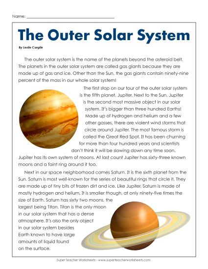 Articles with Questions - The Outer Solar System (Printable PDF Worksheet)