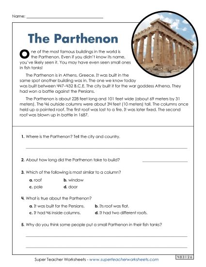 Short Passages - The Parthenon (Short, Nonfiction) (Printable PDF Worksheet)