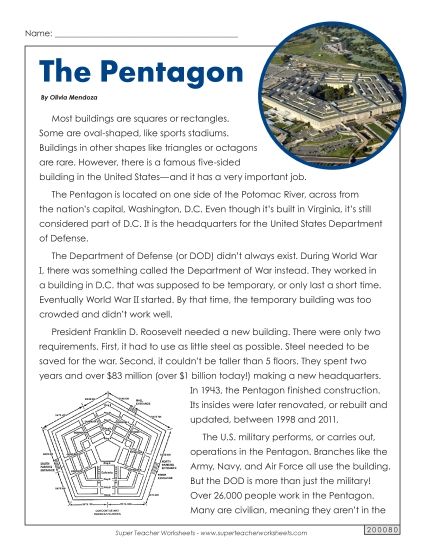Nonfiction Articles - The Pentagon Reading Passage (Printable PDF Worksheet)