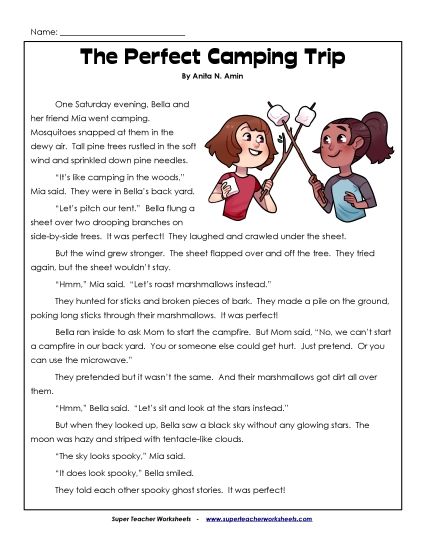 Fiction Stories - The Perfect Camping Trip  (Printable PDF Worksheet)