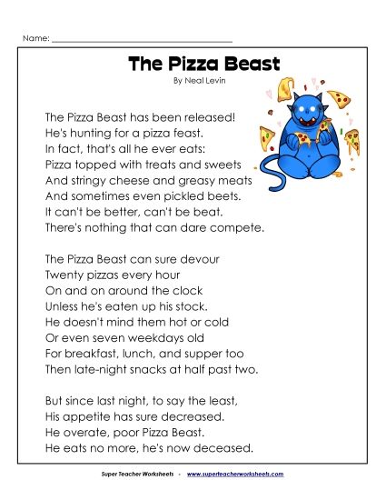 4th Grade Poems - The Pizza Beast (Printable PDF Worksheet)