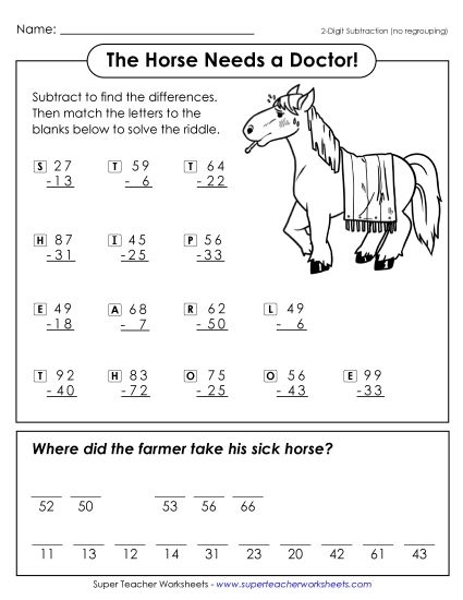 Subtraction - The Sick Horse (2-Digit Subtraction; No Borrowing) (Printable PDF Worksheet)
