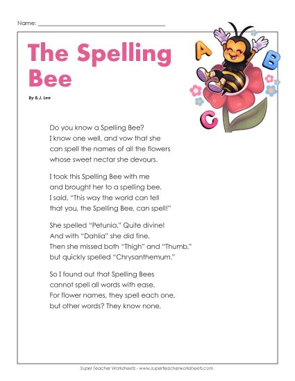 Poems - The Spelling Bee (Poem) (Printable PDF Worksheet)