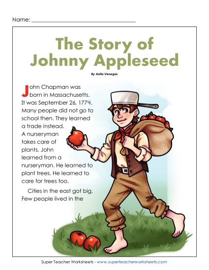 Reading Comprehension - The Story of Johnny Appleseed (Printable PDF Worksheet)