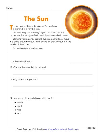 Short Passages - The Sun (Short) (Printable PDF Worksheet)