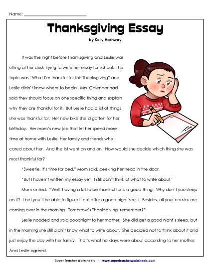 Thanksgiving Reading Comprehension - The Thanksgiving Essay (Fiction) (Printable PDF Worksheet)