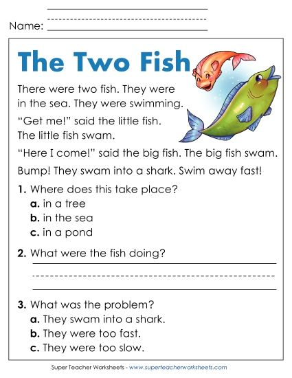 Reading Comprehension and  Additional ELA Skills - The Two Fish (Printable PDF Worksheet)