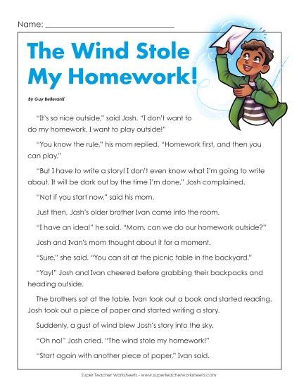 Fiction Stories - The Wind Stole My Homework! (Printable PDF Worksheet)