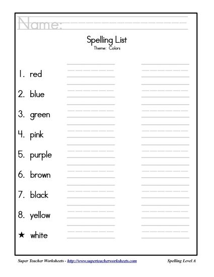 List A-33 - Theme List - Colors (Printable PDF Worksheet)