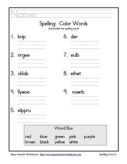 List A-33 - Theme List - Colors: Unscramble (Printable PDF Worksheet)