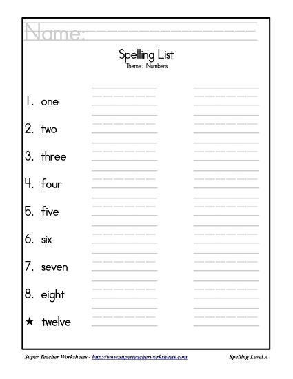 List A-31 - Theme List - Numbers (Printable PDF Worksheet)