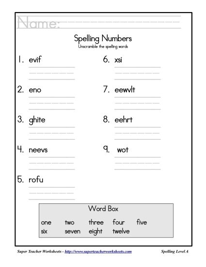 List A-31 - Theme List - Numbers: Unscramble (Printable PDF Worksheet)