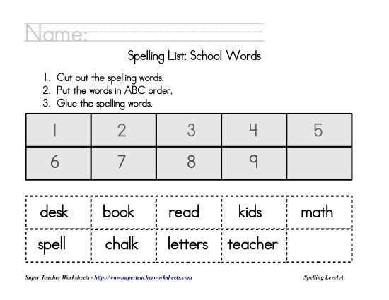 List A-32 - Theme List - School: ABC Order (Printable PDF Worksheet)
