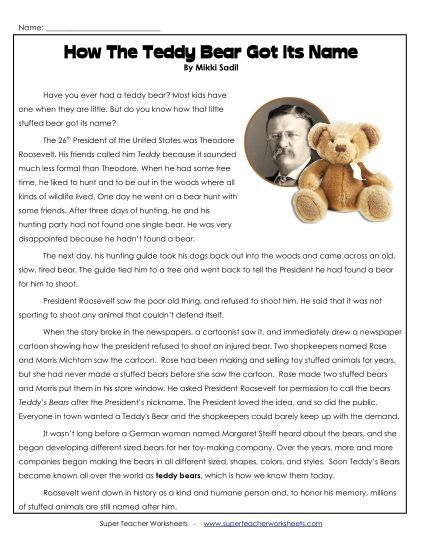 Reading Comprehension Passages - Theodore Roosevelt:  How the Teddy Bear Got It's Name (Printable PDF Worksheet)