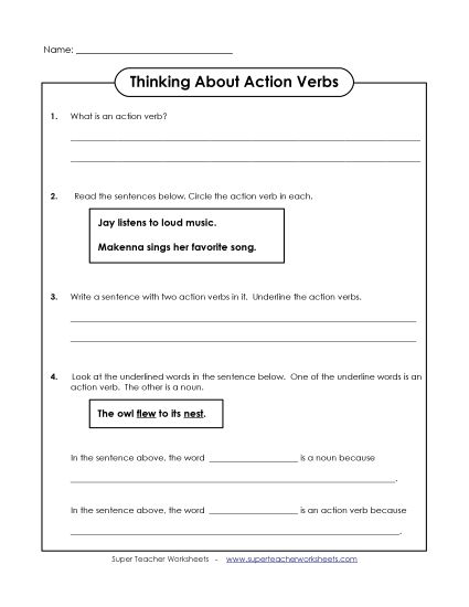 Basic Action Verbs - Thinking About Action Verbs (Printable PDF Worksheet)