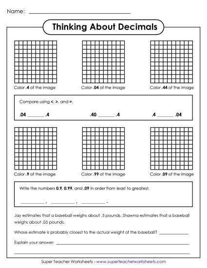 Tenths & Hundredths Mixed - Thinking About Decimals (Tenths and Hundredths) (Printable PDF Worksheet)