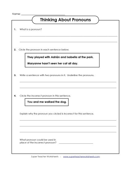 Basic Pronouns - Thinking About Pronouns (Printable PDF Worksheet)