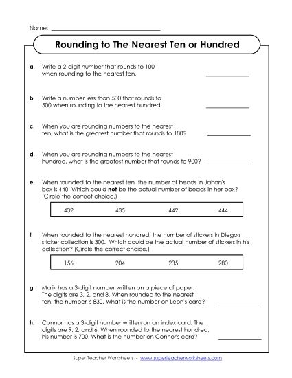 Nearest Tens & Hundreds Mixed - Thinking Questions: Rounding (Nearest Ten & Hundred) (Printable PDF Worksheet)
