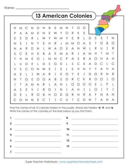 Intermediate (Grades 3-6) - Thirteen American Colonies (Printable PDF Worksheet)