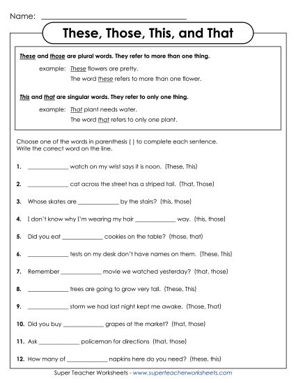 Basic Pronouns - This, That, These, and Those (Printable PDF Worksheet)
