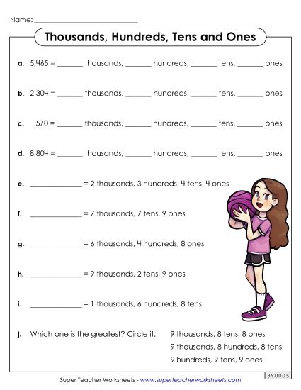 Place Value - Thousands, Hundreds, Tens and Ones (Printable PDF Worksheet)