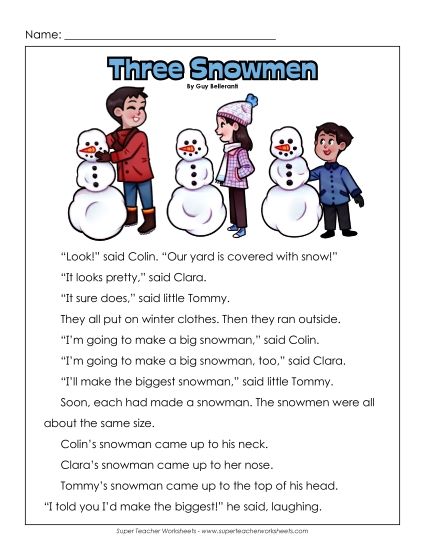 Fiction - Three Snowmen (Printable PDF Worksheet)