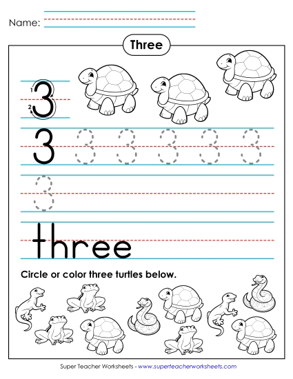 Number Three - Three: Trace, Print, Count (Printable PDF Worksheet)