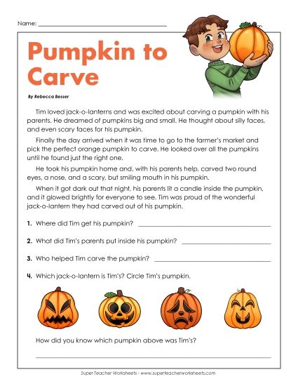 Reading Comprehension Fiction - Tim's Pumpkin  (Printable PDF Worksheet)