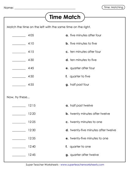 Quarter Hours - Time Match (Printable PDF Worksheet)